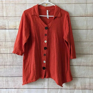 NY Collection Women's Sz Medium Oversized Blouse Hanky Hem Orange Cotton Sleeve